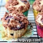 A square image of a Blueberry Cream Cheese Muffin with Chocolate Crumble.
