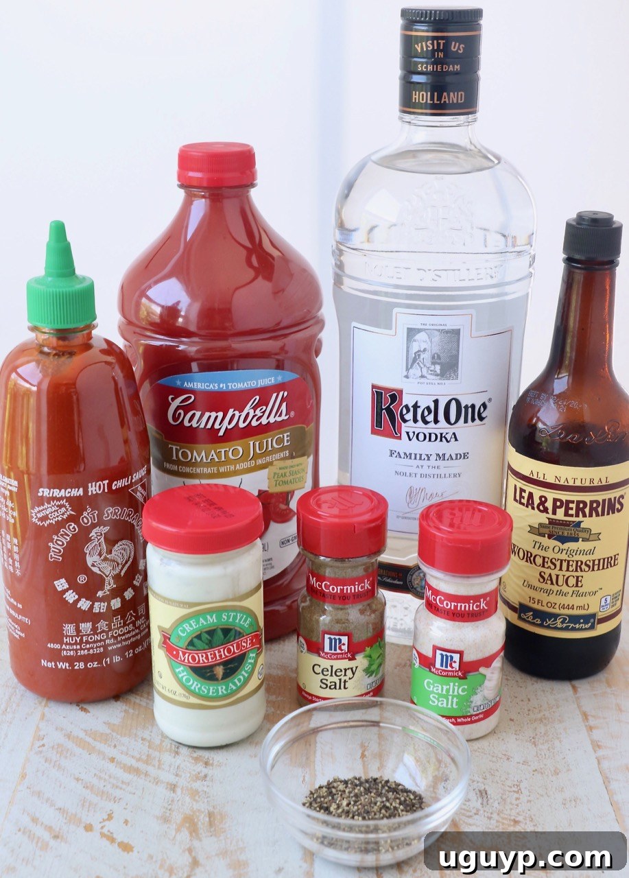 All the fresh ingredients required to make a homemade Bloody Mary mix