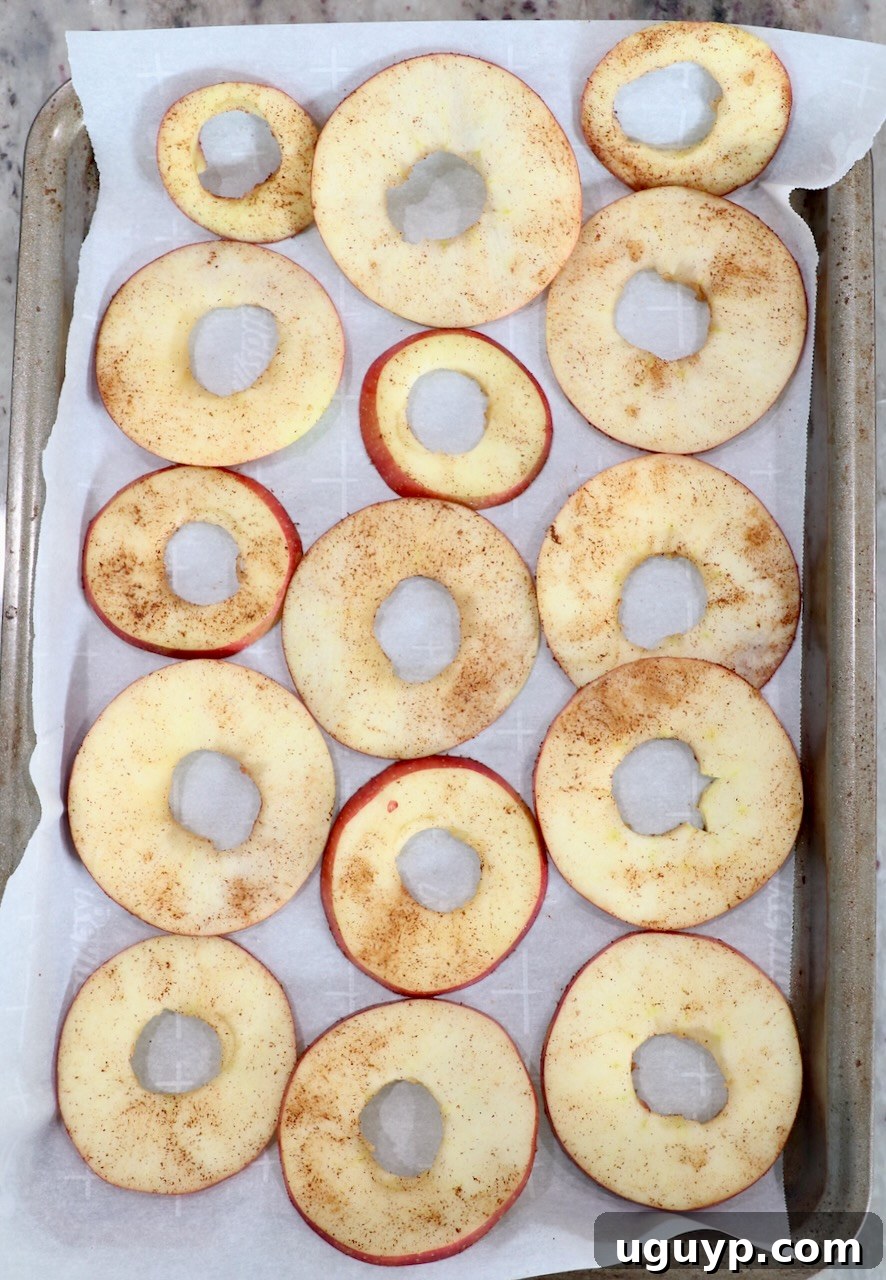 Thinly sliced apples dusted with cinnamon, arranged on a parchment-lined baking sheet