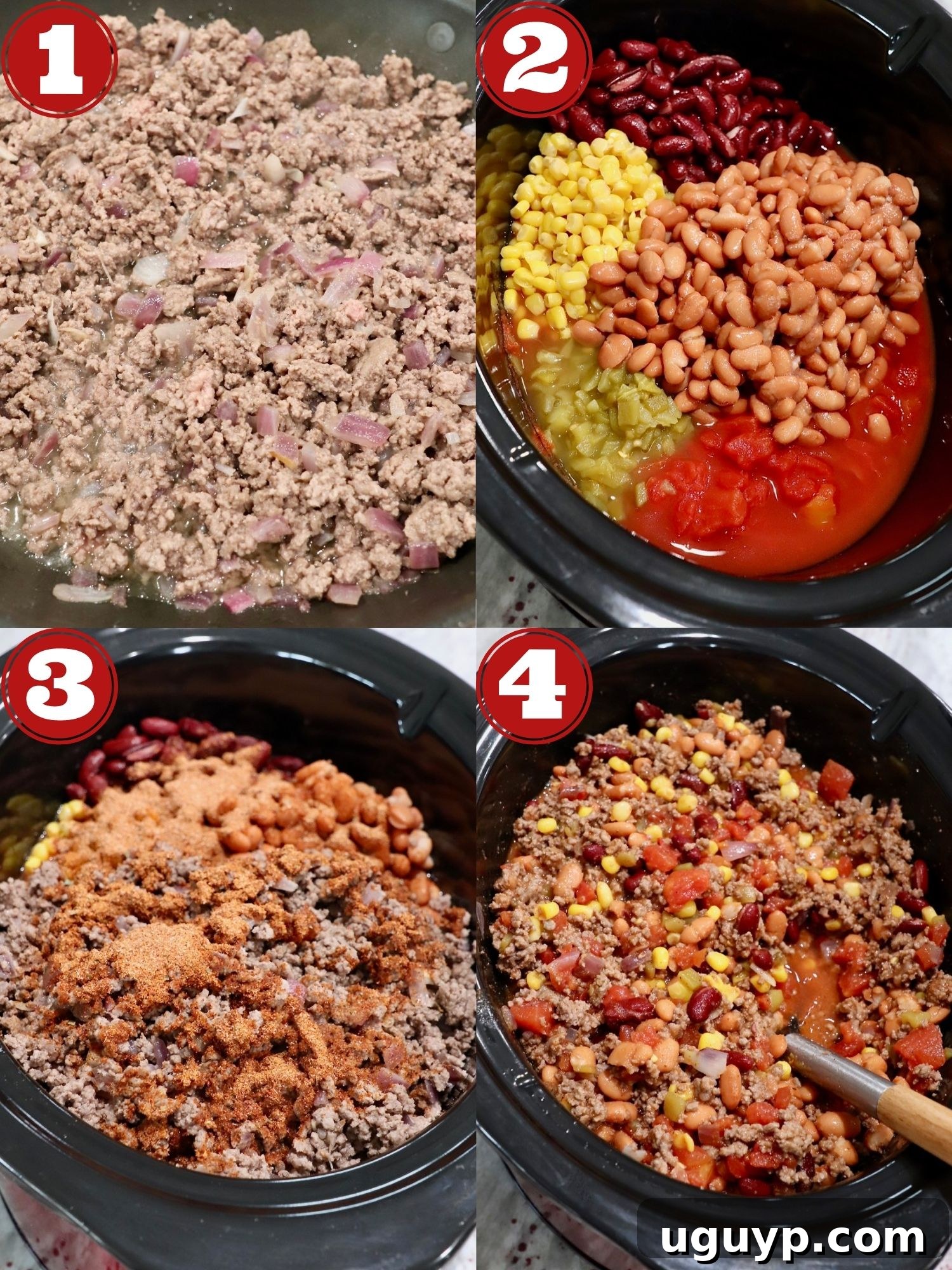 A visual step-by-step collage demonstrating how to prepare Slow Cooker Taco Soup, from browning the meat to adding ingredients to the crock pot.