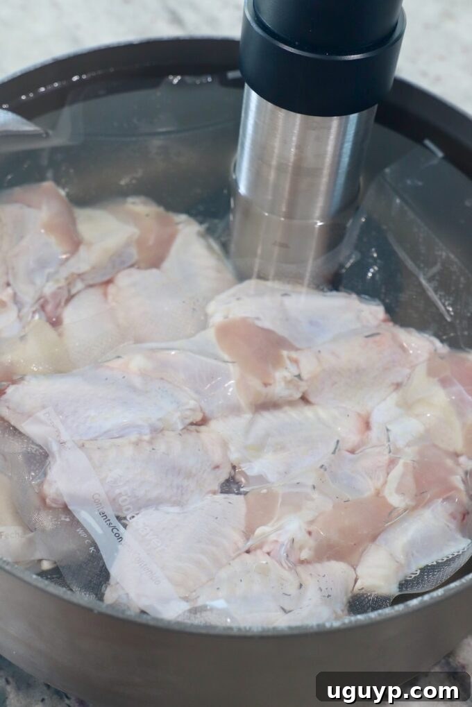 Vacuum-sealed bags of chicken wings immersed in a water bath, with a sous vide circulator attached to the pot.