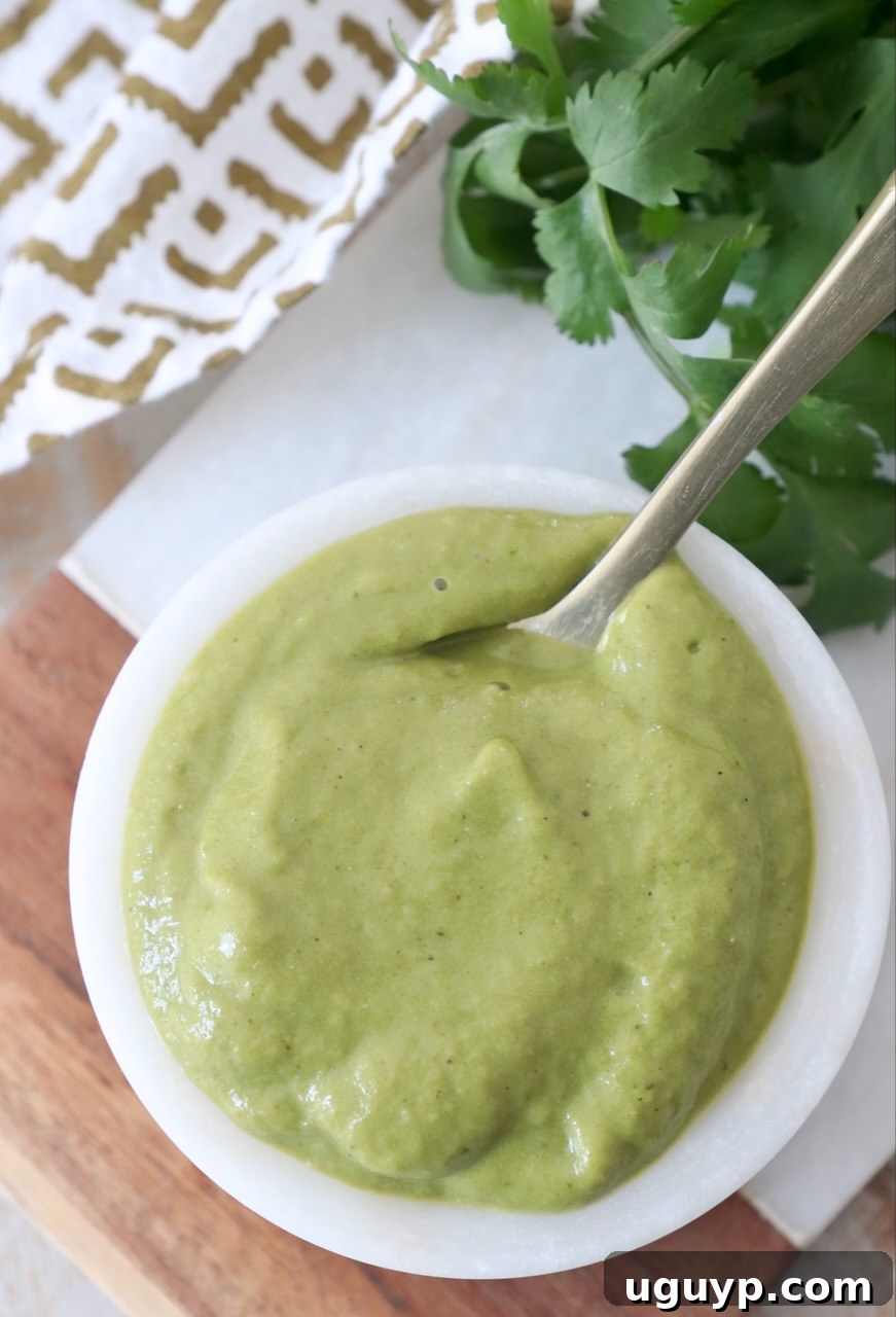 A small white bowl filled with creamy green roasted poblano sauce, with a spoon resting inside, ready to be served.