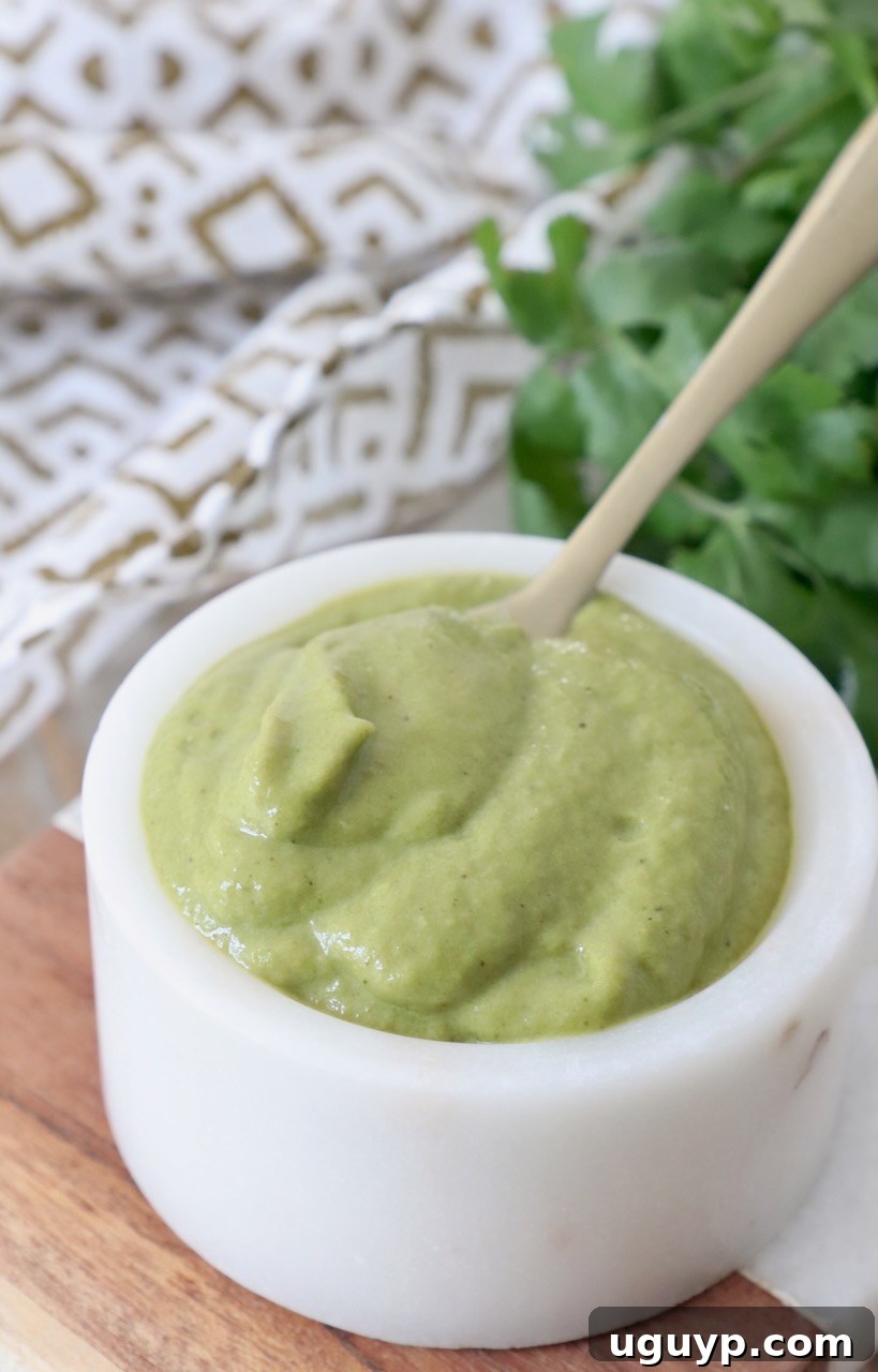A close-up of creamy green poblano sauce in a small white bowl, with a small spoon scooping some out, highlighting its smooth texture.