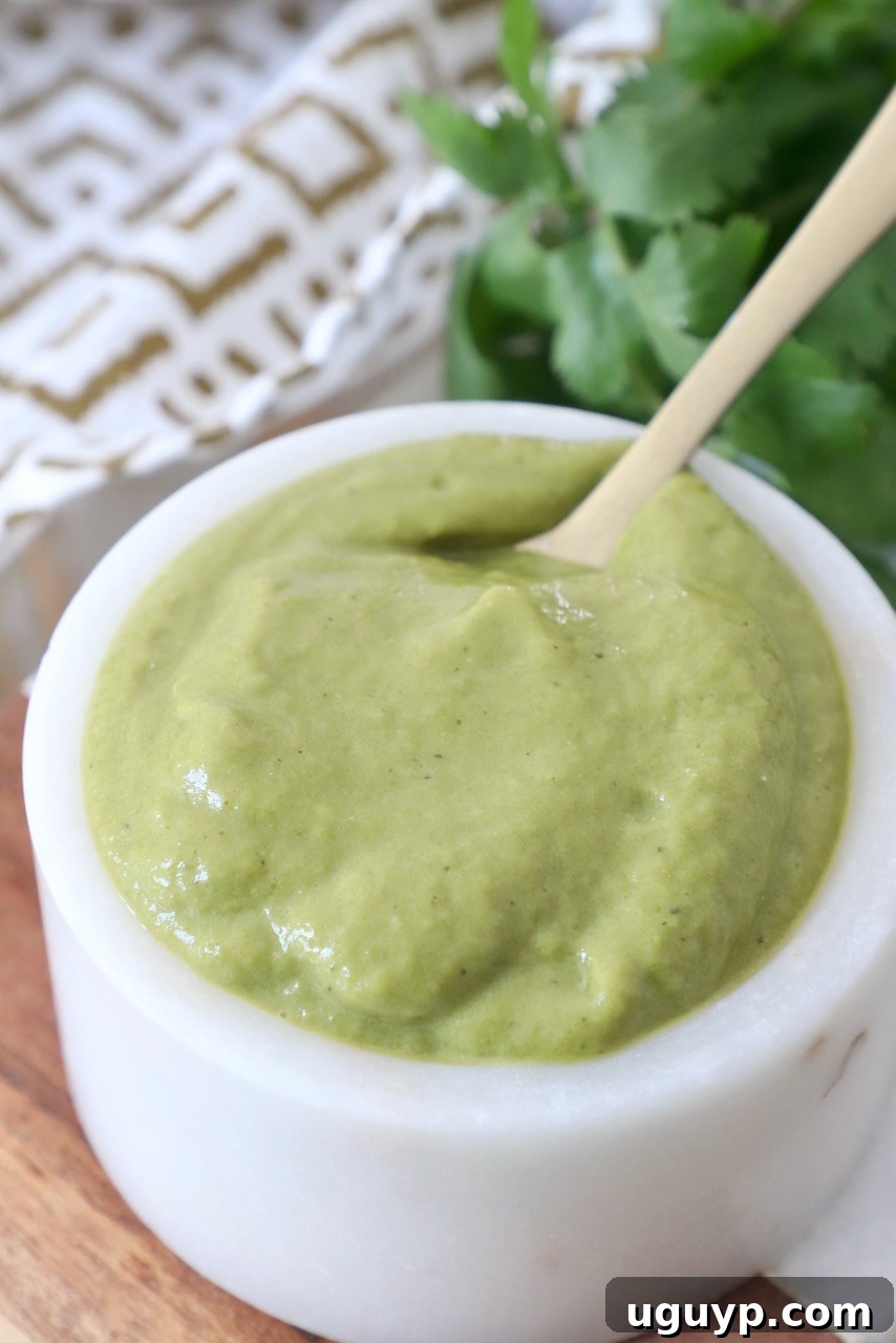 A small white bowl filled with creamy green roasted poblano sauce, seen from an overhead angle.
