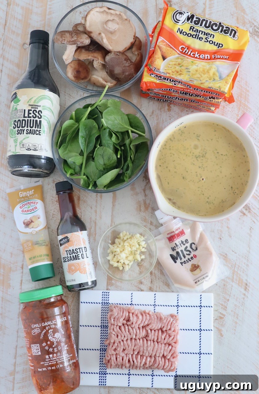 An overhead view showcasing all the fresh and essential ingredients laid out for preparing Miso Ramen, including mushrooms, miso paste, noodles, and aromatics.
