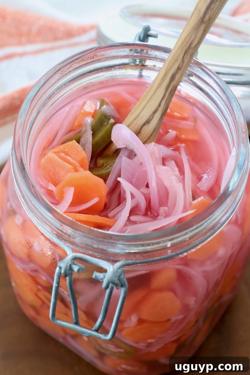 Vibrant Mexican Pickled Vegetables featuring sliced carrots, onions, and jalapenos, beautifully arranged in a large glass jar, ready to be enjoyed.