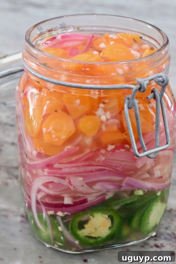 A generous assortment of sliced carrots, red onions, and jalapenos are fully submerged in the aromatic pickling liquid within a large glass jar, signifying the final stage of preparation.