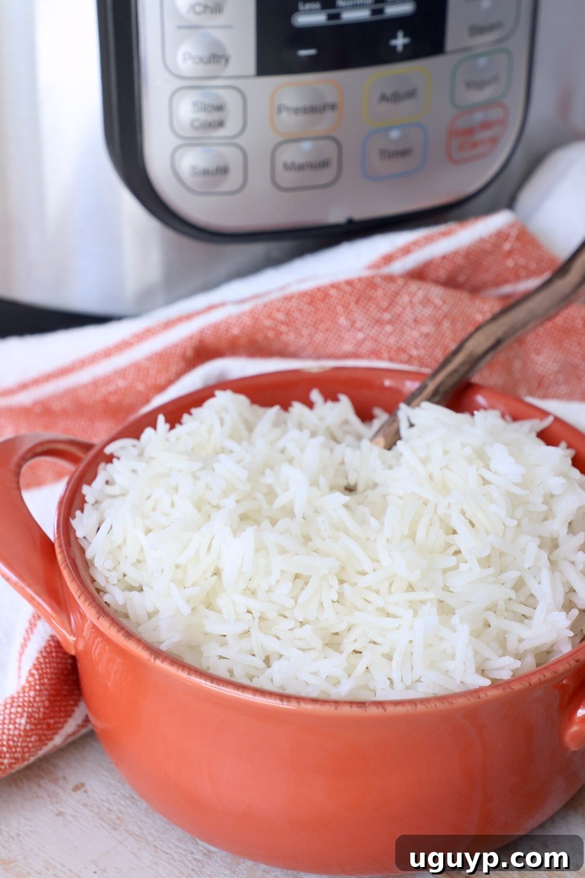white rice in orange bowl with spoon, with Instant Pot in the background