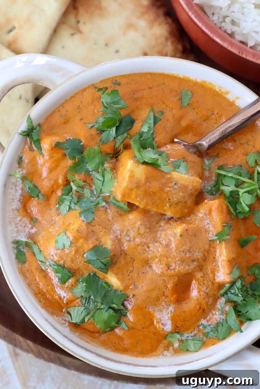 Prepared Paneer Makhani in a bowl with a spoon, ready to be served, highlighting its creamy texture and vibrant color.