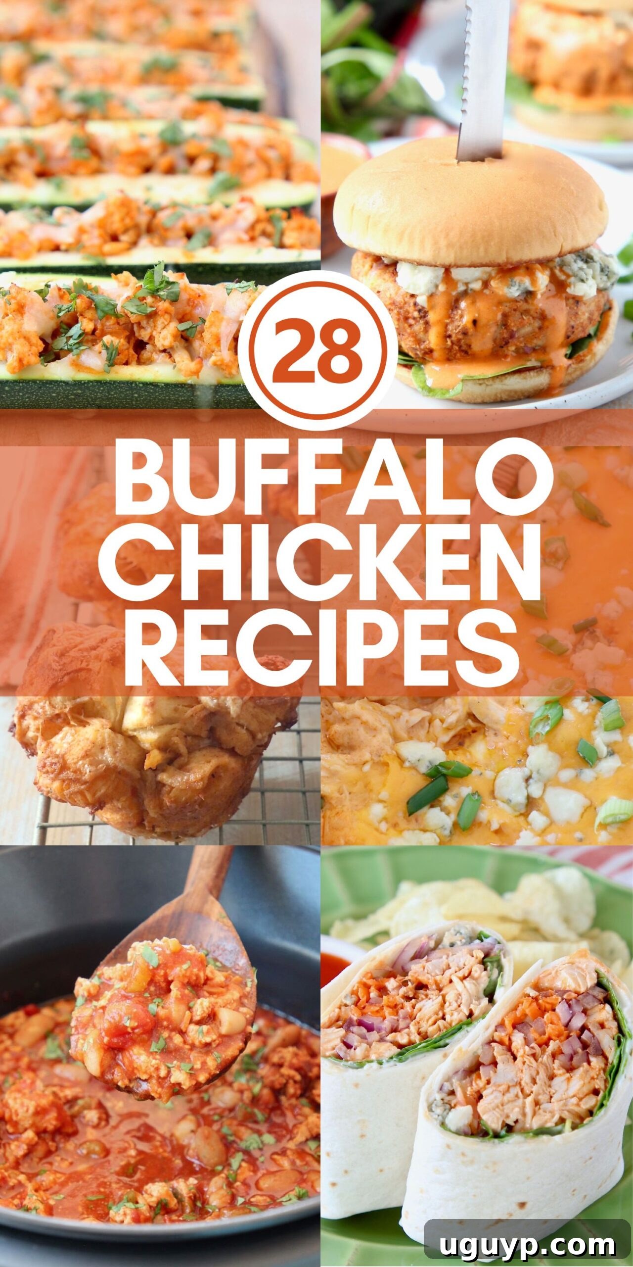A vibrant collage showcasing various buffalo chicken dishes, including pastas, dips, and wraps, all promising the signature tangy and spicy flavor.