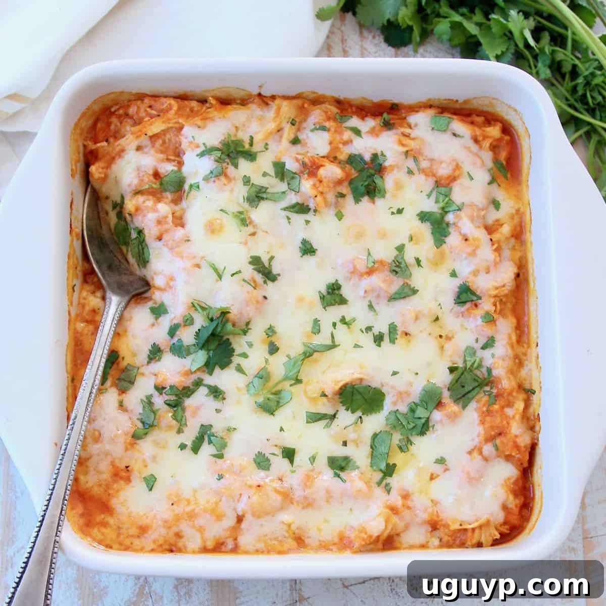 A hearty and cheesy buffalo chicken cauliflower casserole, garnished with fresh cilantro, with a serving spoon.