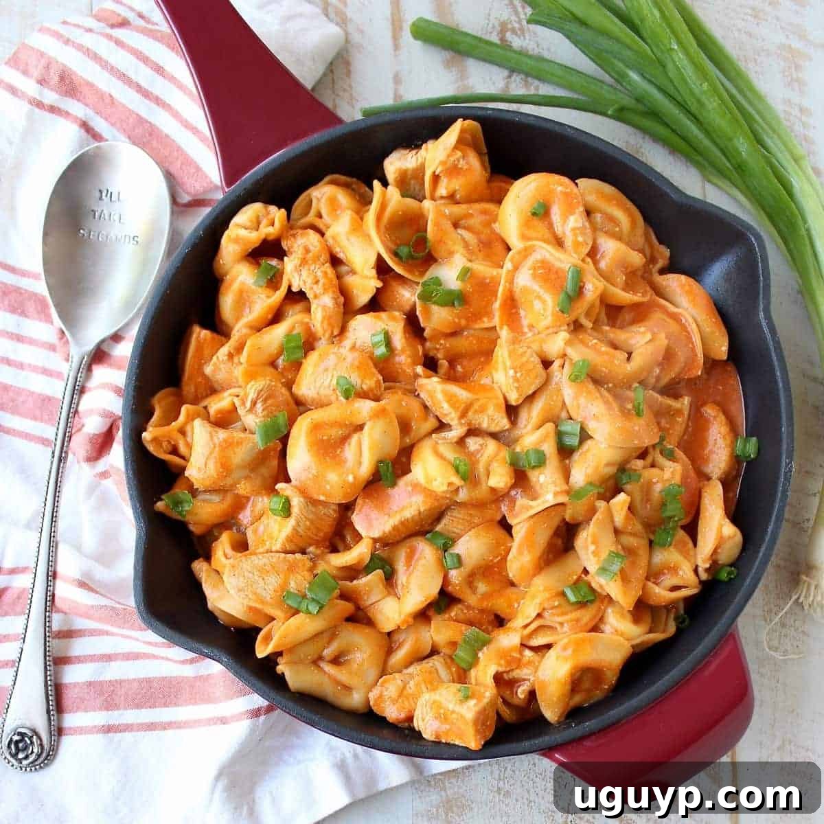 One pot buffalo chicken and cheese tortellini, perfectly cooked in a cheesy buffalo sauce.