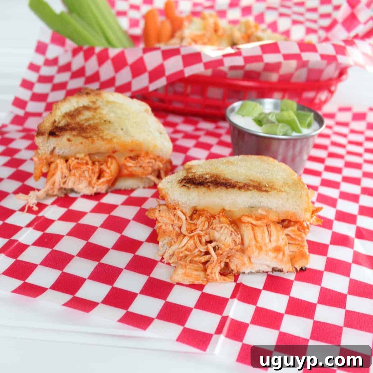 A perfectly grilled Buffalo Chicken Pepper Jack Grilled Cheese sandwich, golden brown and oozing with cheesy filling.