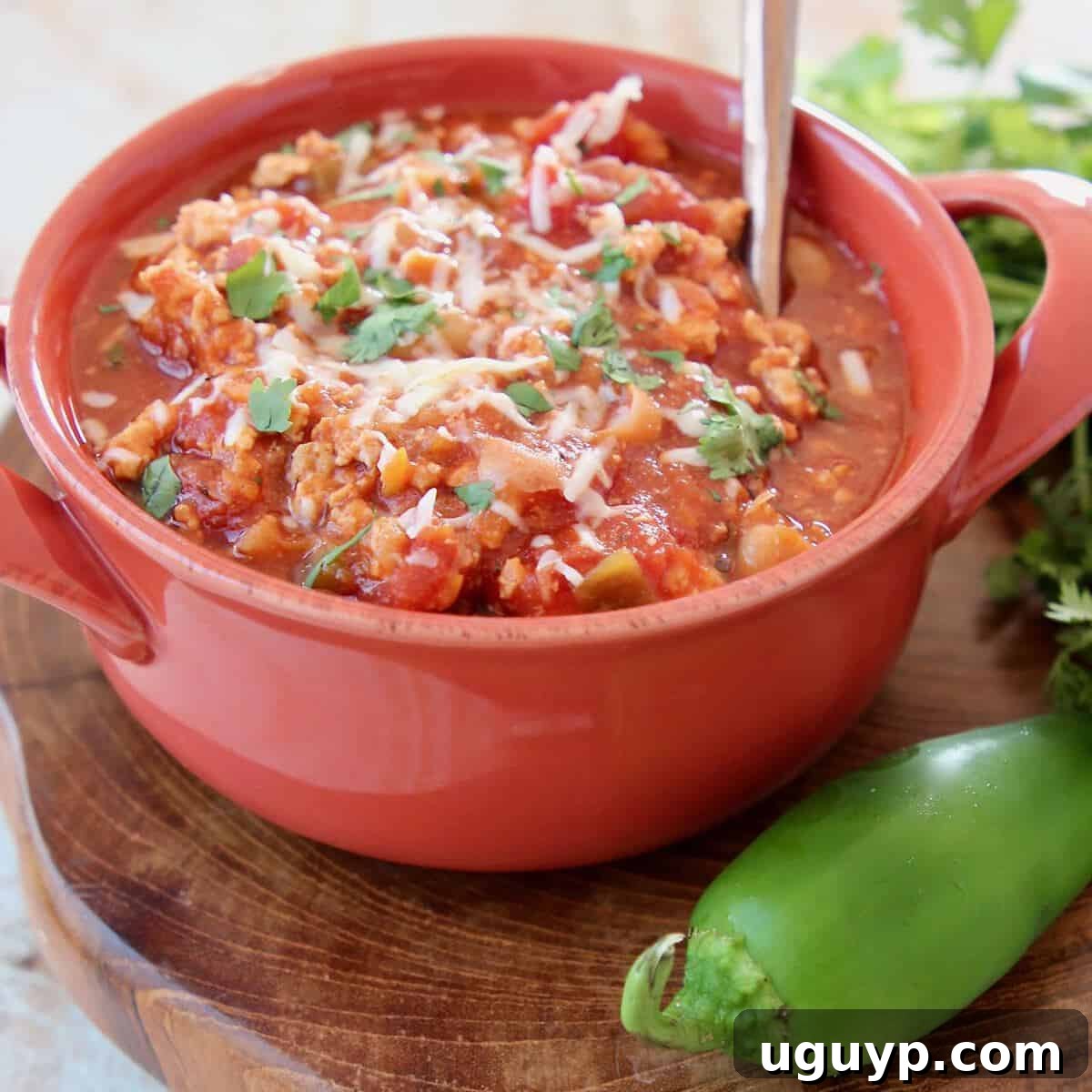 A hearty bowl of Slow Cooker Buffalo Chicken Chili, ready to be enjoyed with a spoon.