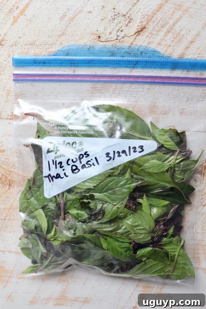 thai basil leaves in freezer bag