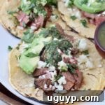 grilled diced steak in tacos with avocado and chimichurri sauce on white plate