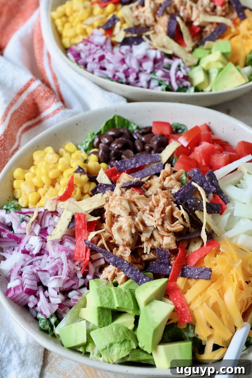 Close-up of a vibrant BBQ Chicken Salad in a bowl, showing toppings like onion, avocado, tomatoes, corn, black beans, and cheddar cheese.