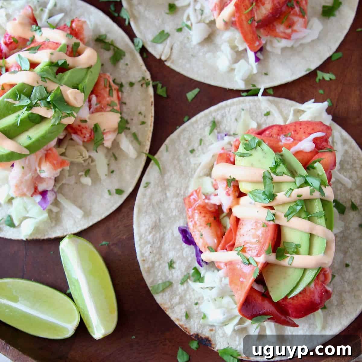 Overhead image of lobster tacos topped with remoulade sauce