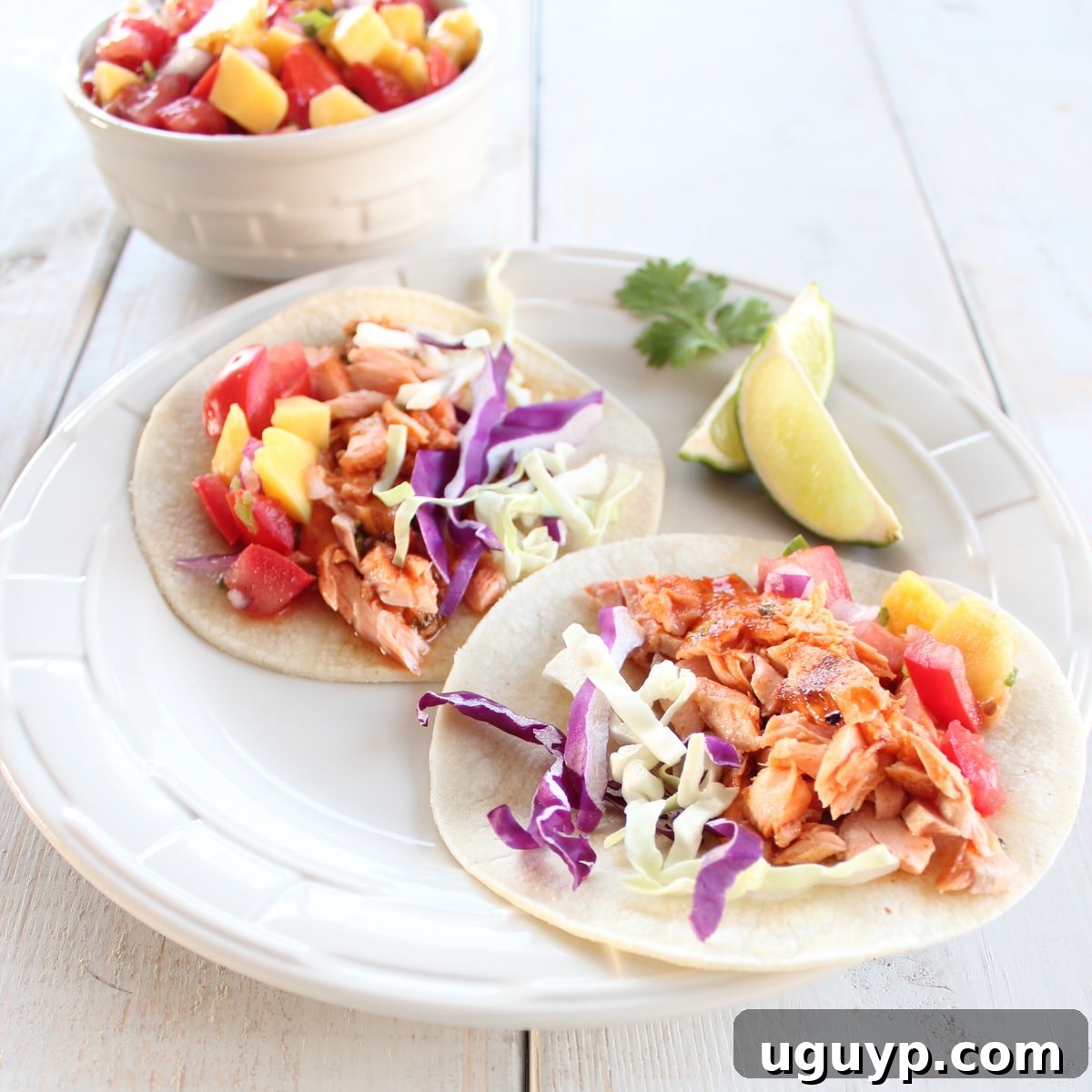 Chipotle Honey Salmon Tacos with Mango Salsa