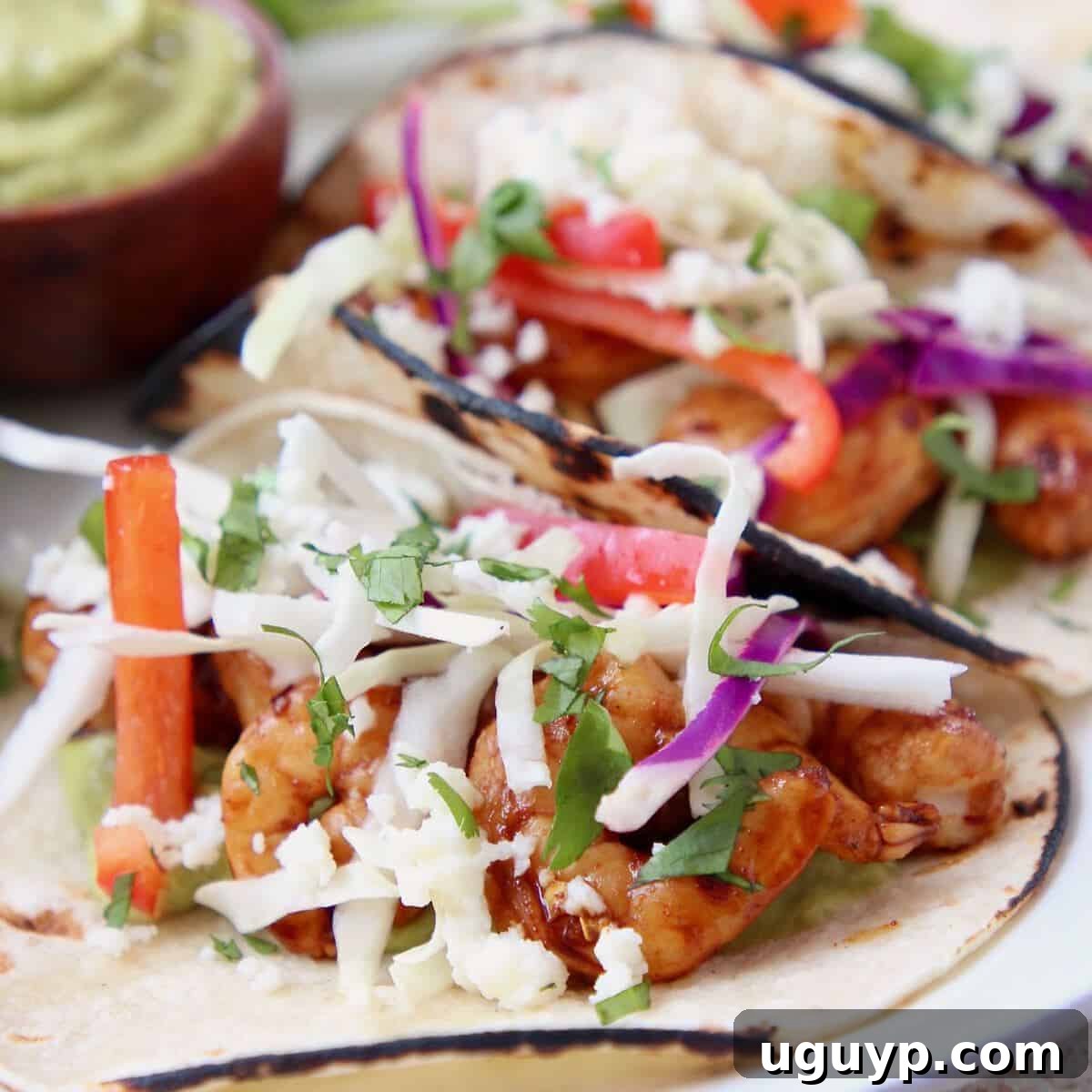 Grilled shrimp tacos in corn tortillas topped with slaw and cotija cheese