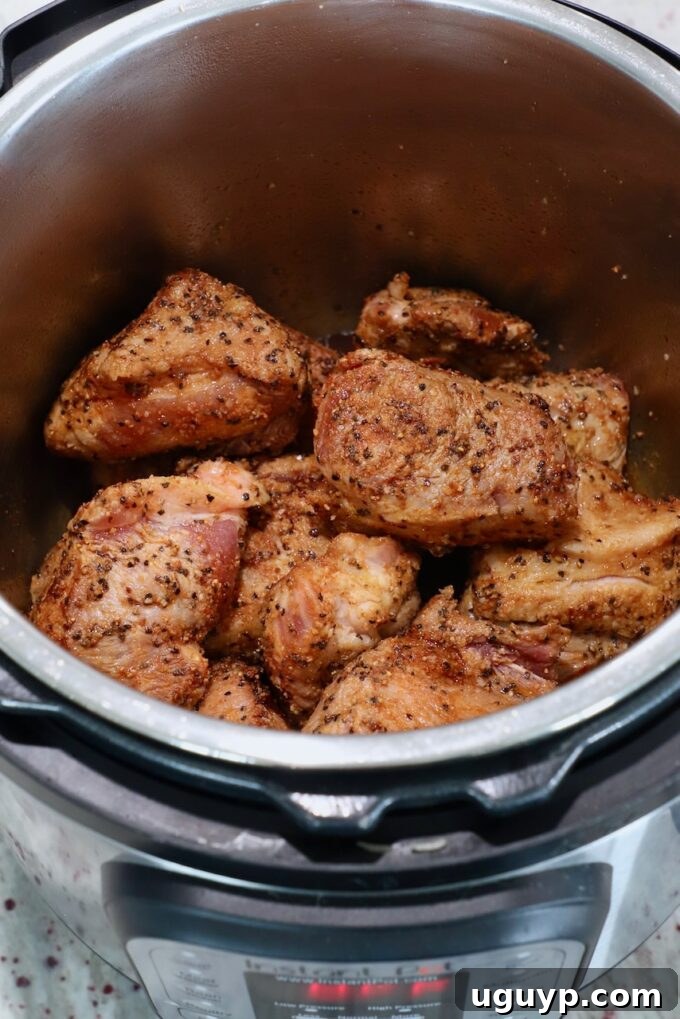 Large pieces of seared, seasoned pork placed back into the Instant Pot
