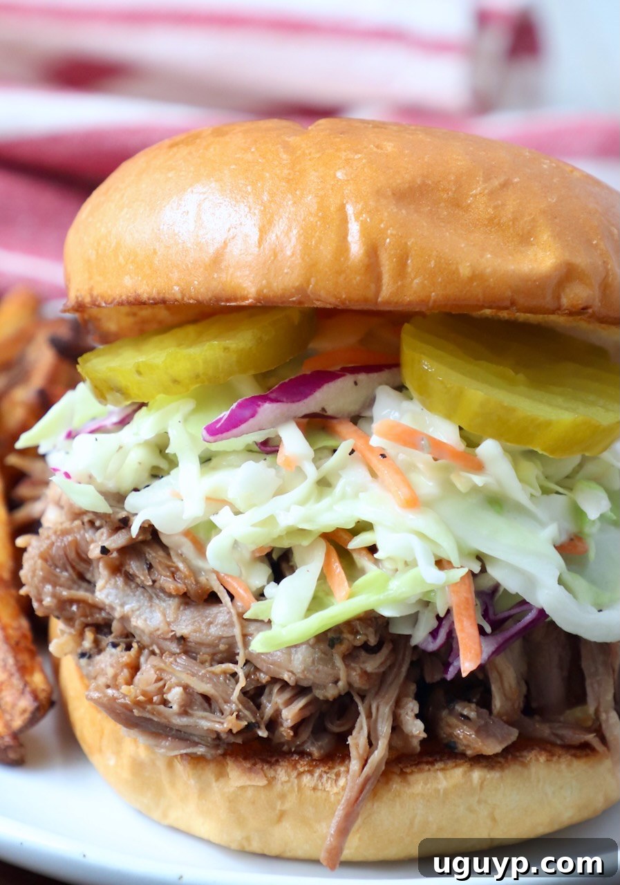 Pulled pork sandwich topped with coleslaw and pickles on a plate with fries