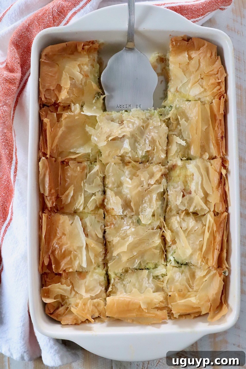 Golden-brown Greek zucchini pie with a flaky phyllo crust, served in a baking dish with a silver pie server, ready to be enjoyed.