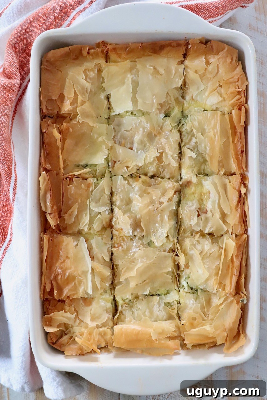 A freshly baked Greek zucchini pie in a baking dish, perfectly cut into uniform slices, highlighting its flaky layers and savory filling.