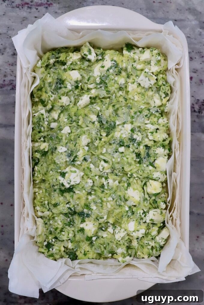 The seasoned zucchini feta filling spread evenly over the layered phyllo dough in the baking dish, ready for the top phyllo layers.