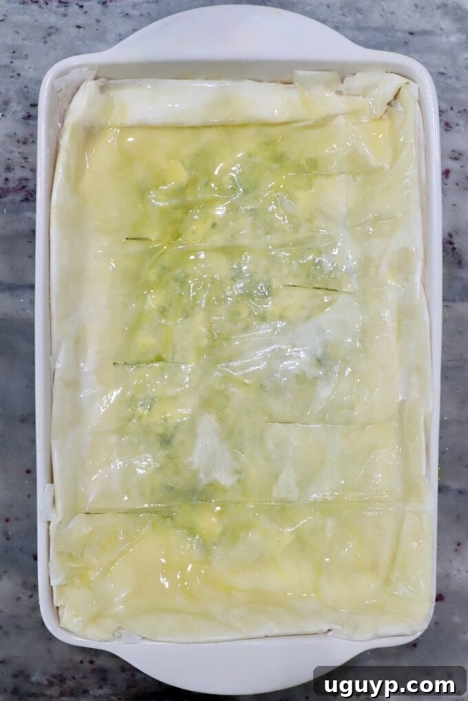 Unbaked Greek zucchini pie with its distinctive phyllo crust, ready for the oven in a rectangular baking dish.