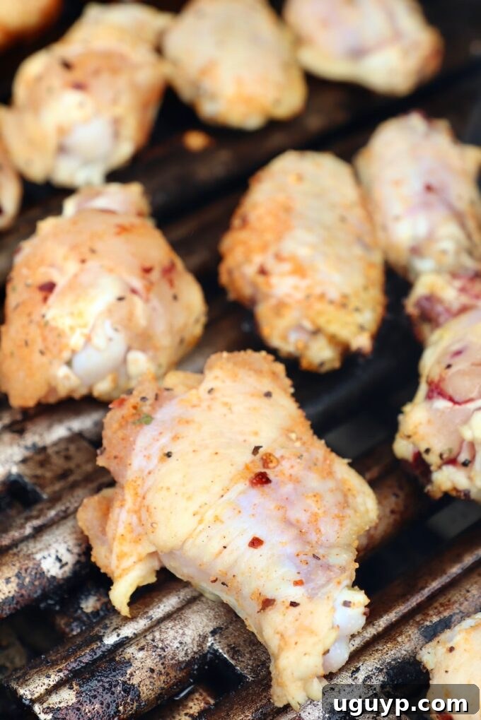 Another angle of seasoned chicken wings cooking on the grill, showing the consistent heat and spacing.