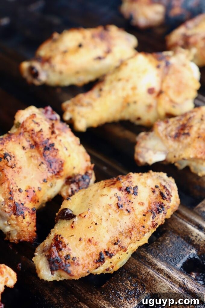 Close-up of perfectly cooked grilled chicken wings showing their crispy skin and delicious seasoning.