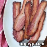 Cooked slices of bacon on a white plate