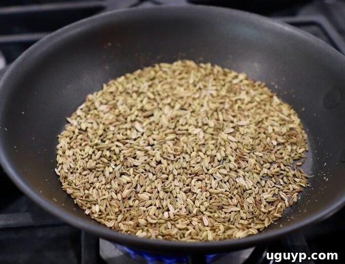 Fennel seeds toasting in a small skillet, releasing their aromatic fragrance.