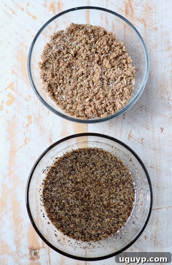 Two glass bowls filled with distinct spice rubs for homemade bacon: maple and toasted fennel.