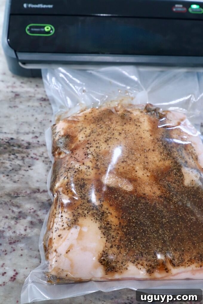 Seasoned pork belly securely placed inside a vacuum sealer bag, ready for curing.