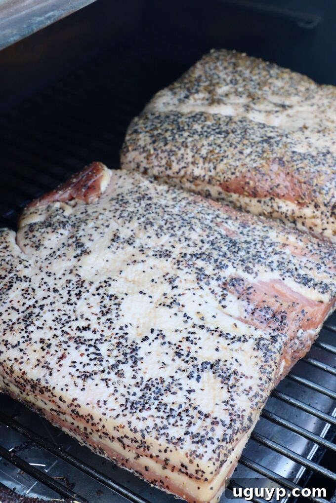 Two seasoned pork bellies laid out on a smoker grate, ready for the smoking process.