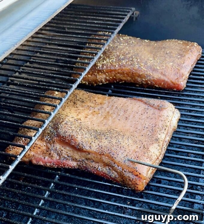 Smoked pork bellies on the smoker, with a temperature probe inserted into one for precise monitoring.