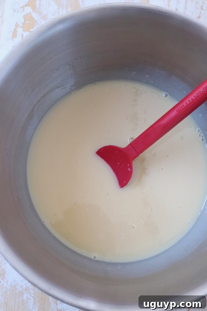 Sweetened condensed milk in a mixing bowl with a red spatula, ready for the ice cream base