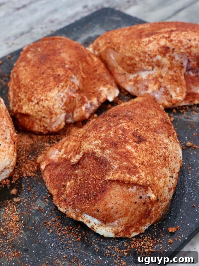 Close-up of seasoned bone-in chicken breasts on a cutting board, showing the even application of the BBQ rub.