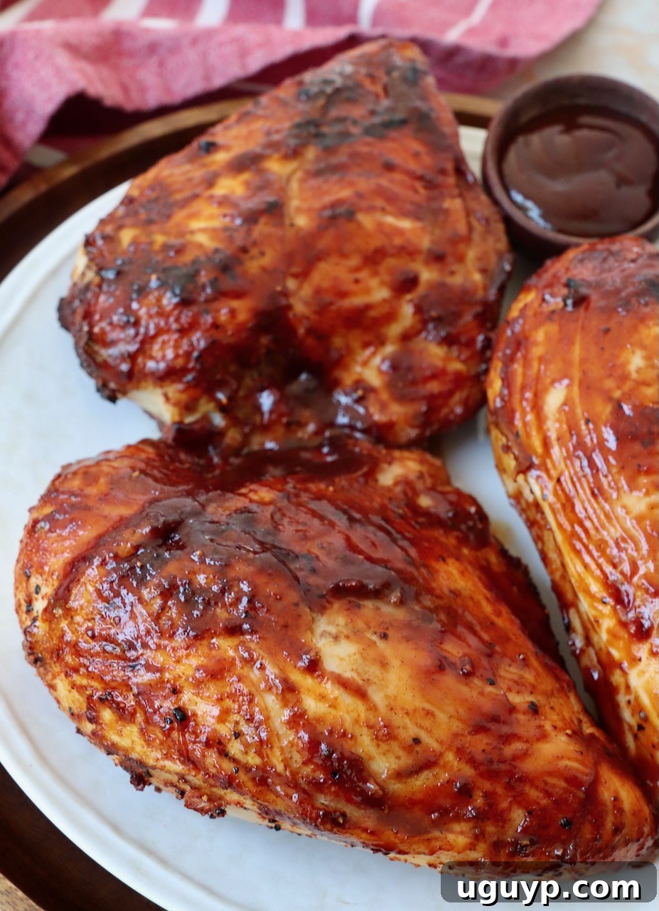 A plate of expertly grilled BBQ chicken breasts, glazed with sauce, ready to be enjoyed.
