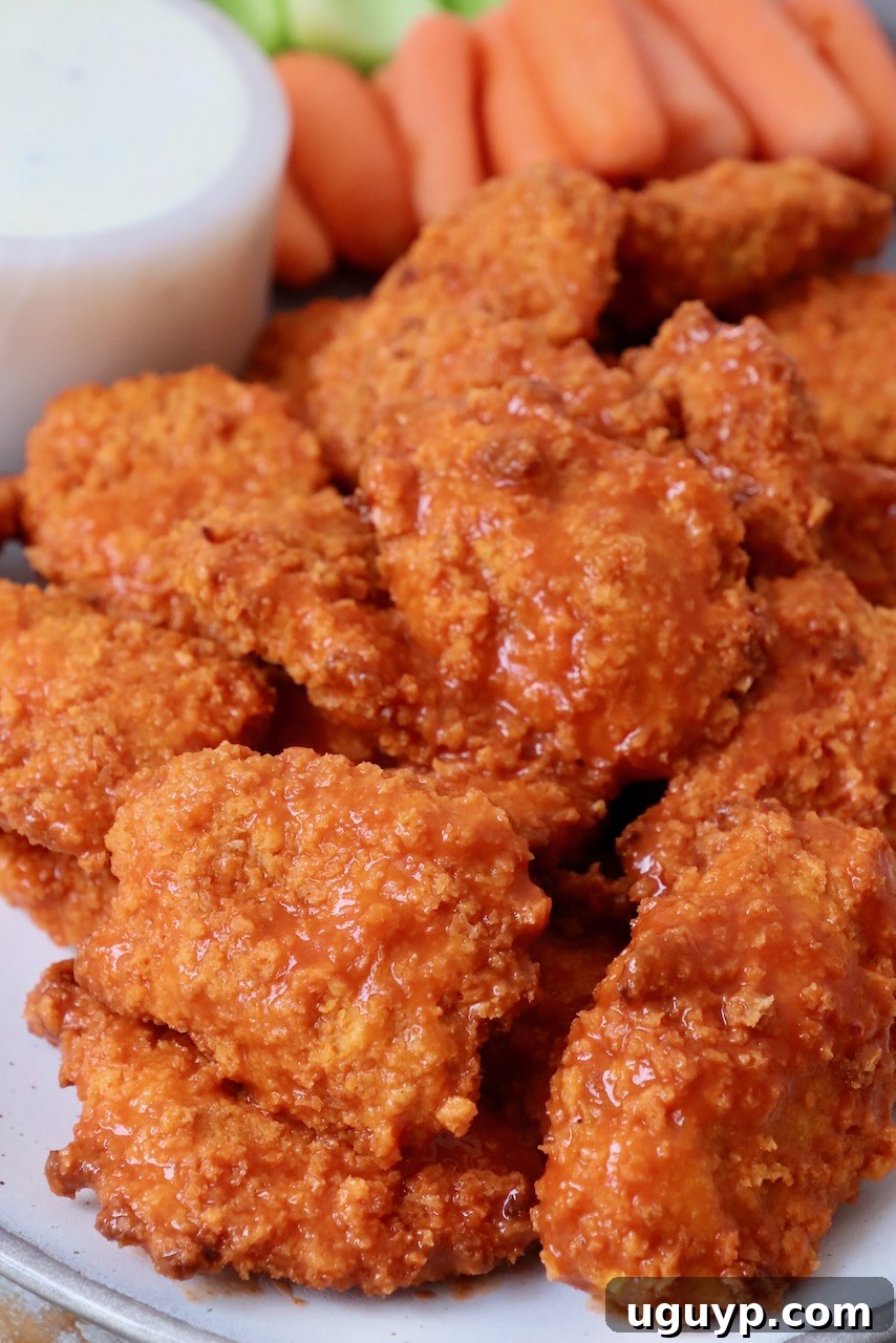 cooked boneless wings tossed with buffalo sauce on plate, garnished with fresh parsley