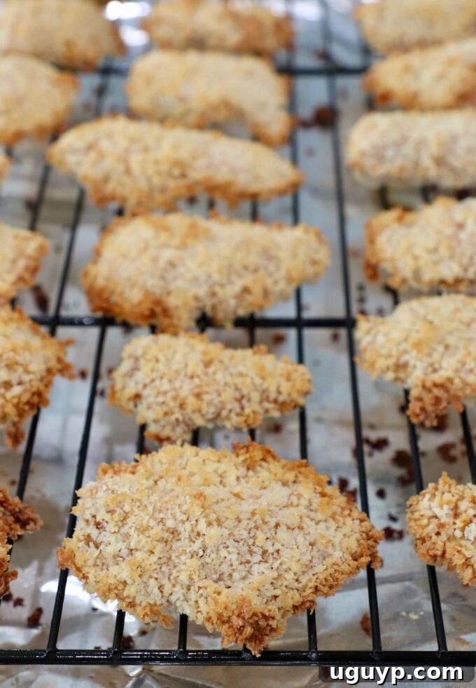 cooked, golden-brown breaded pieces of chicken on a wire rack over a baking sheet, fresh from the oven
