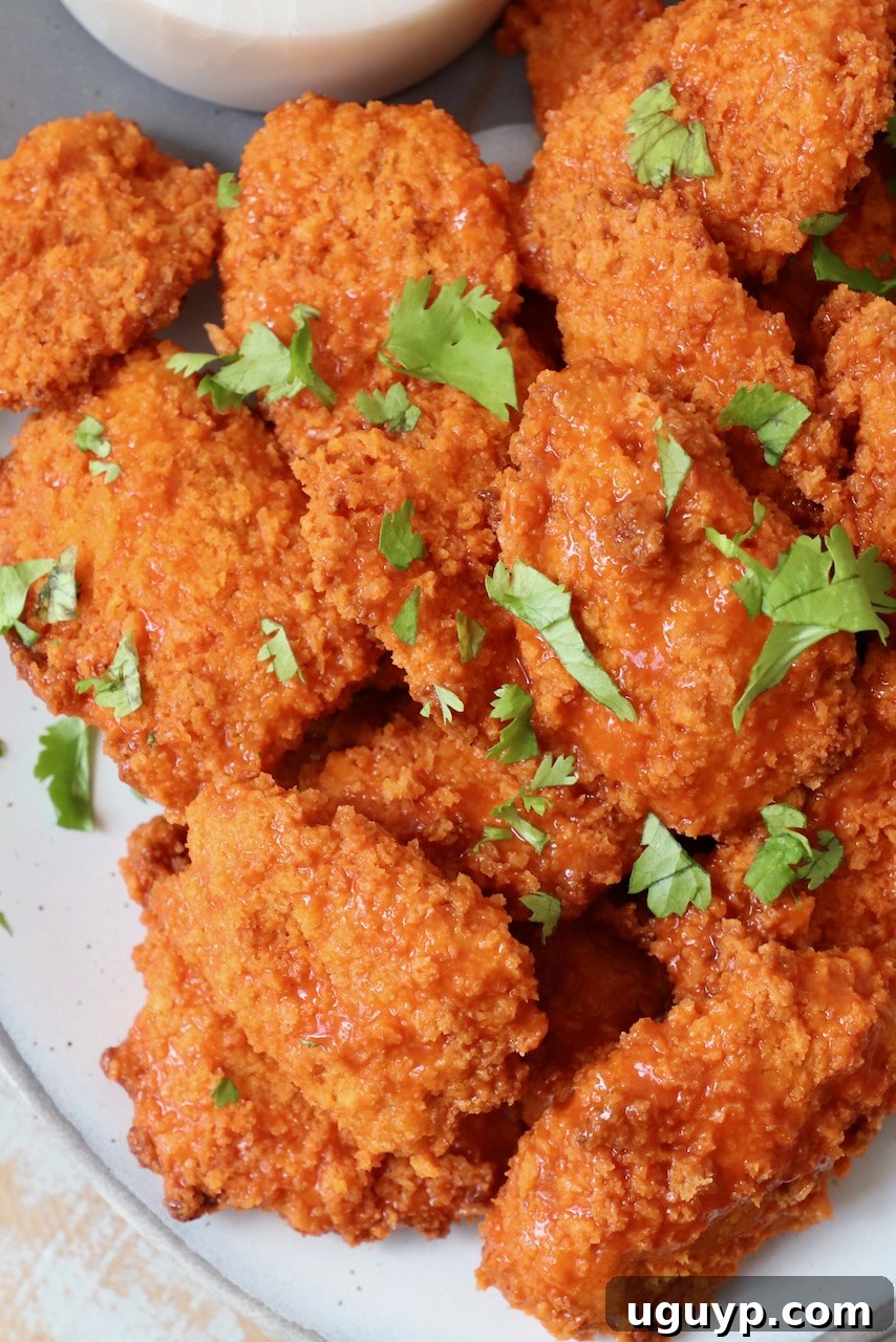 boneless wings tossed with buffalo sauce on plate, garnished with fresh chopped cilantro