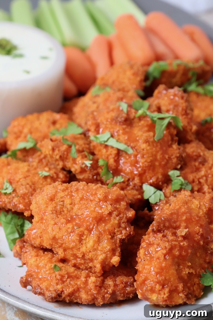 boneless chicken wings tossed in buffalo sauce on plate, ready to be served with dipping sauce