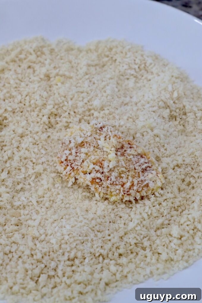 a piece of chicken breast completely covered in panko breadcrumbs in a bowl
