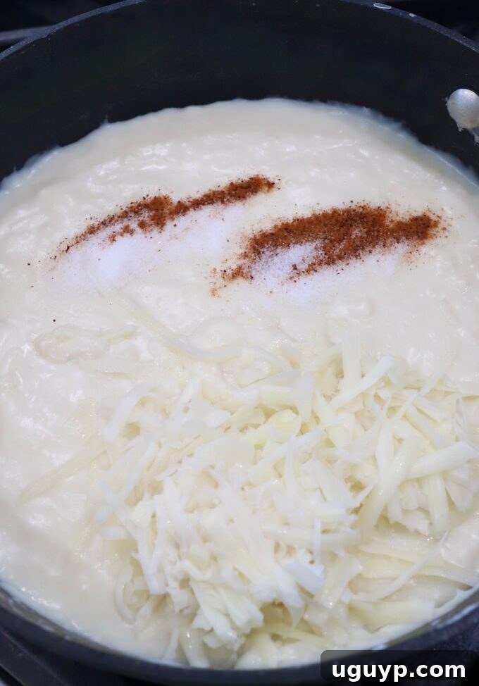 bechamel sauce in skillet with shredded cheese and spices