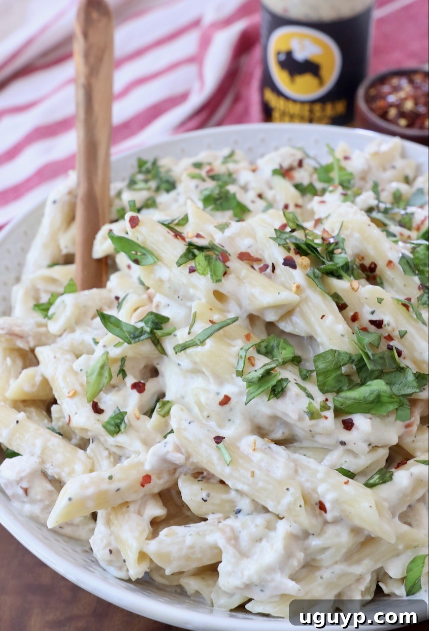Creamy penne pasta tossed with tender chicken and rich garlic parmesan sauce, ready to serve.