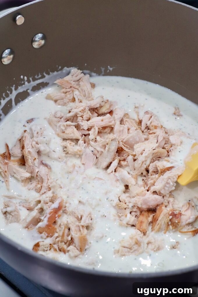 Cooked, shredded chicken being stirred into the rich, creamy white sauce in a pan.