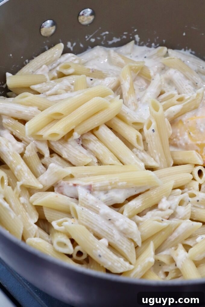 Perfectly cooked penne pasta tossed with the white creamy sauce in a large pan.